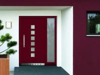 Haustür in rot mit sechst Milchglas-Lichtausschnitten und Milchglas-Seitenteil 